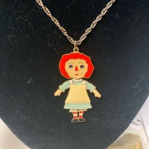 1960s Raggedy Ann Pendant ART Enamel Jointed Moving Necklace - on Gold Chain